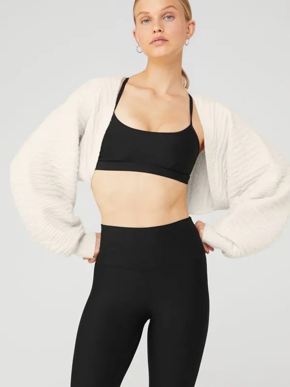 ALO Yoga Cream Cable Knit Cropped Open-Front Shrug